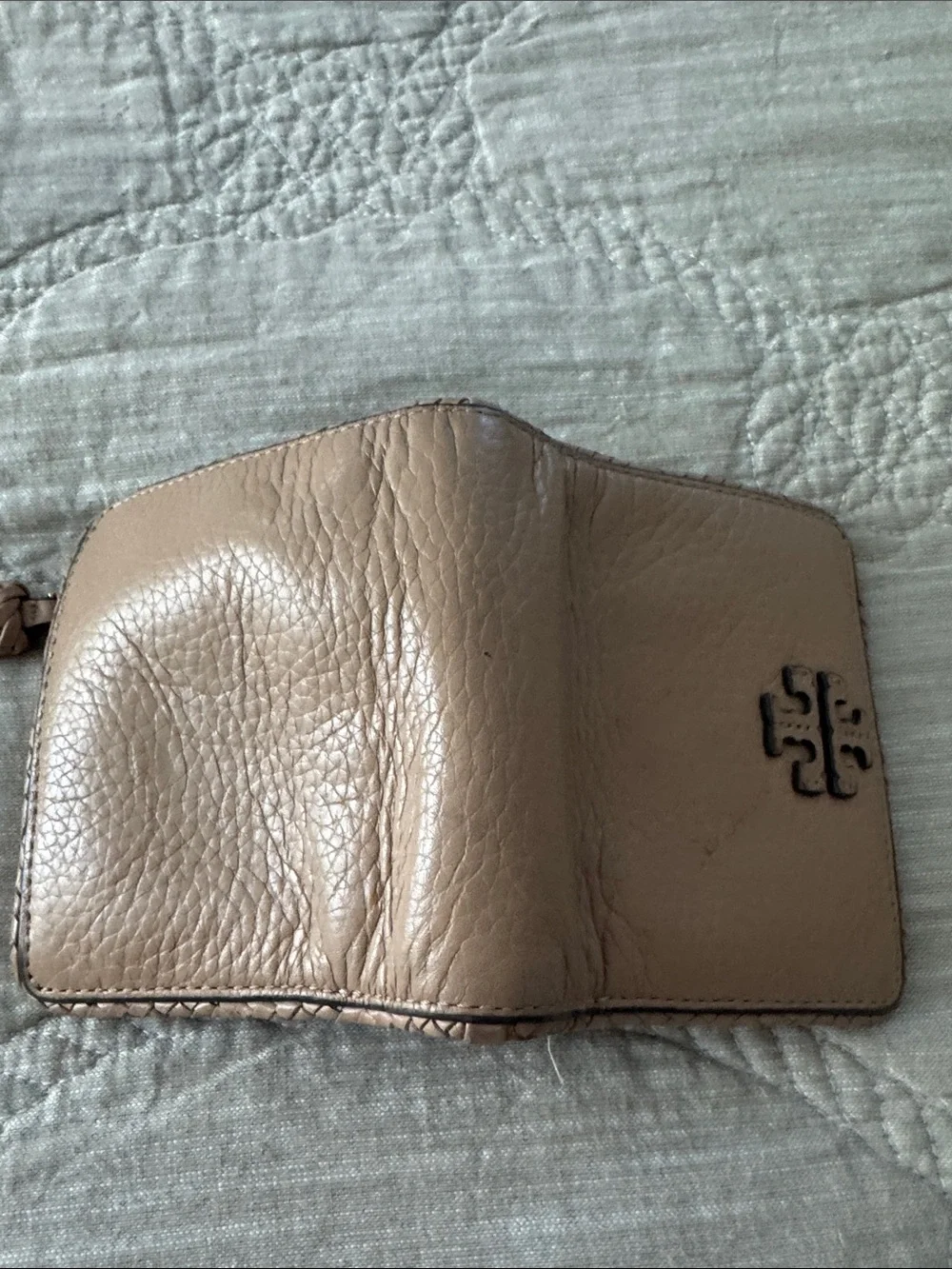 Tory Burch Pebbled Leather Zip Wallet in Tan with Tassel